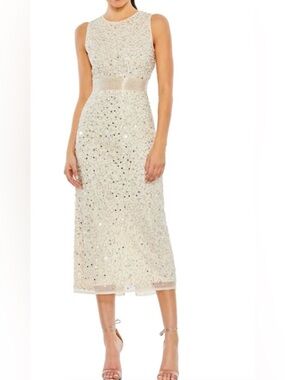 Mac Duggal 93758 Geometric Beaded Tea length SleevelesDress White Sz 4